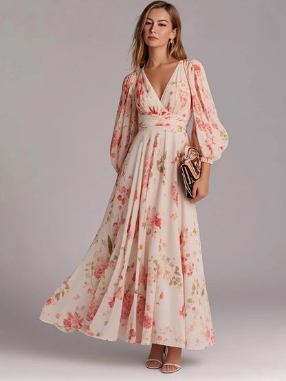 Damen Maxikleid mit tiefem V-Ausschnitt und voluminösen Ärmeln Stalluxe
