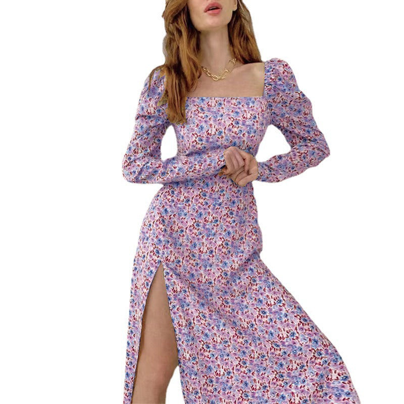 Damen Blütendes Maxikleid mit asymmetrischem Schlitz und Puffärmeln Stalluxe