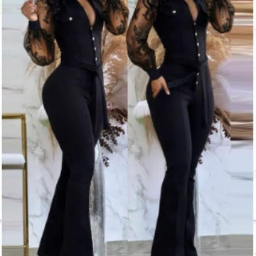 Damen Elegantes Jumpsuit mit transparenten Ärmeln und dekorativen Knopfdetails Stalluxe