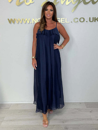 Damen Elegantes Maxikleid mit Rüschen und Spaghetti-Trägern Stalluxe