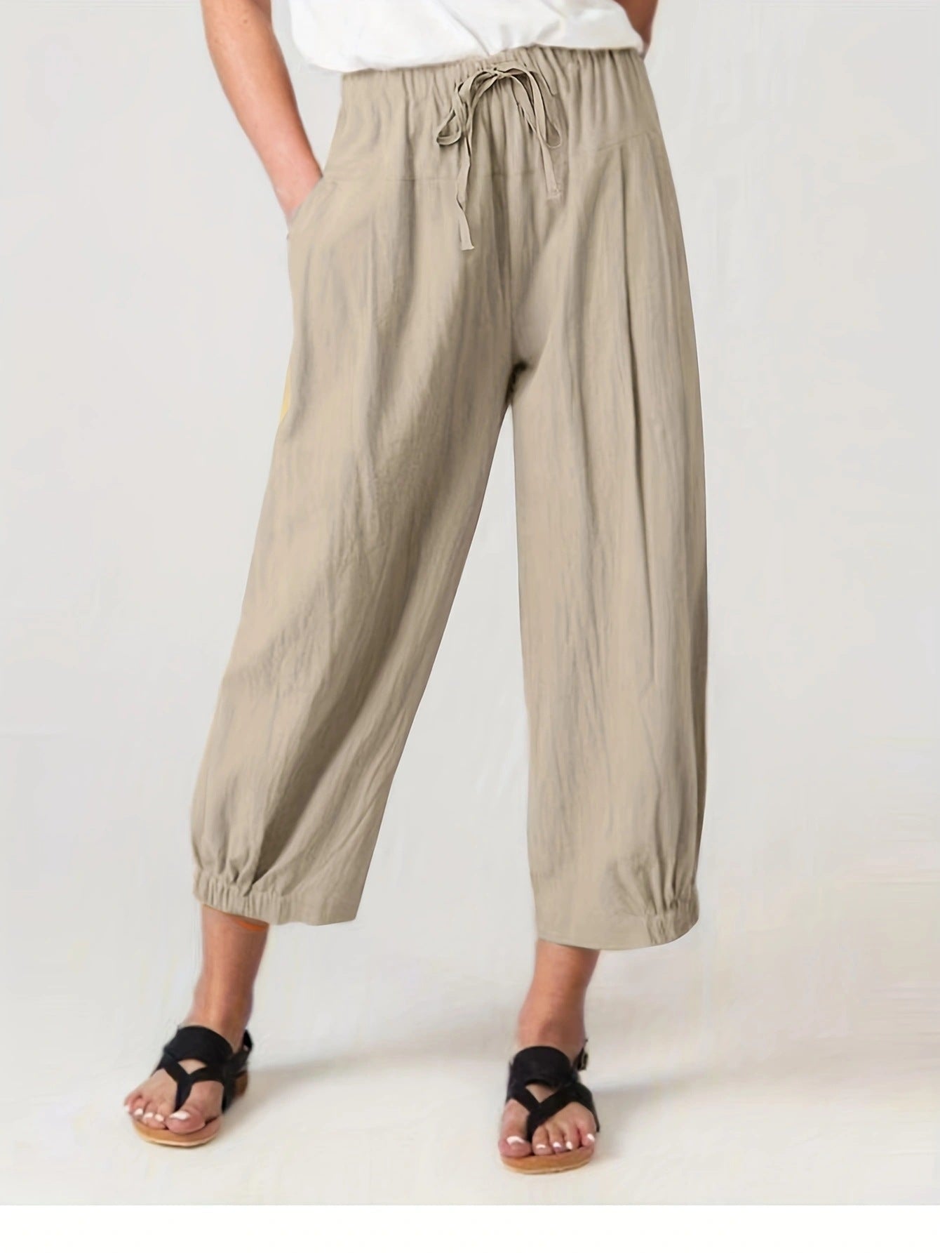 Damen weite Leinenhose mit elastischem Bund und praktischen Taschen Stalluxe