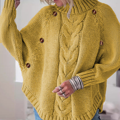 Damen Lockere Strickpullover mit hohem Kragen und dekorativen Knöpfen Stalluxe