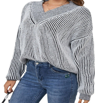 Damen Oversize-Strickpullover mit V-Ausschnitt und grafischem Streifenmuster Stalluxe