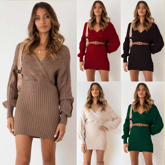 Damen Pulloverkleid mit tiefem V-Ausschnitt und strukturiertem Maschenmuster Stalluxe