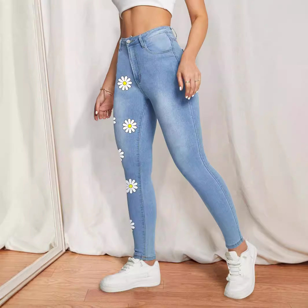 Damen Hochtaillierte Skinny-Jeans mit stilvollen Blumenapplikationen Stalluxe