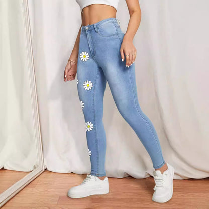 Damen Hochtaillierte Skinny-Jeans mit stilvollen Blumenapplikationen Stalluxe