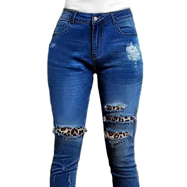Damen Ripped Skinny-Jeans mit modischen Leo-Applikationen und fransigen Details Stalluxe