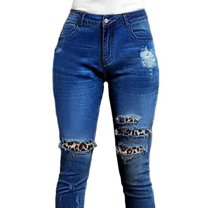 Damen Ripped Skinny-Jeans mit modischen Leo-Applikationen und fransigen Details Stalluxe