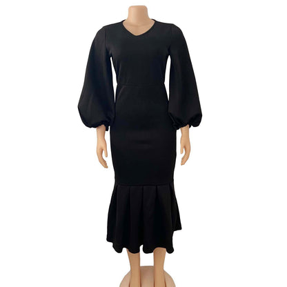 Damen figurbetontes Kleid mit voluminösen Ärmeln und schwingendem Saum Stalluxe