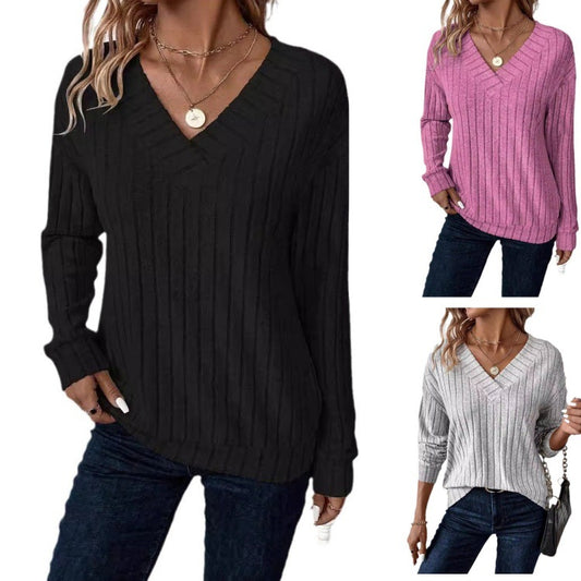 Damen V-Ausschnitt Strickpullover mit senkrechter Rippstruktur Stalluxe