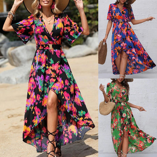Damen Elegantes Maxikleid mit floralem Druck und Gürtel Stalluxe