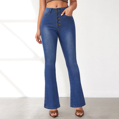 Damen Flared Jeans mit hohen Bund und modischen Knopfdetails Stalluxe