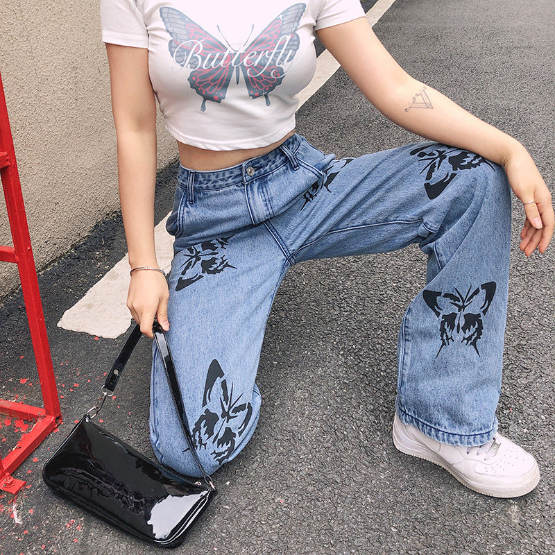 Damen weite High-Waist Jeans mit floralen Druckmotiven Stalluxe