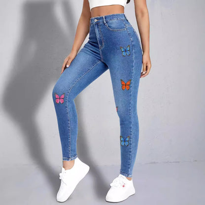 Damen Slim Fit Jeans mit buntem Schmetterlingsmotiv und hohem Bund Stalluxe