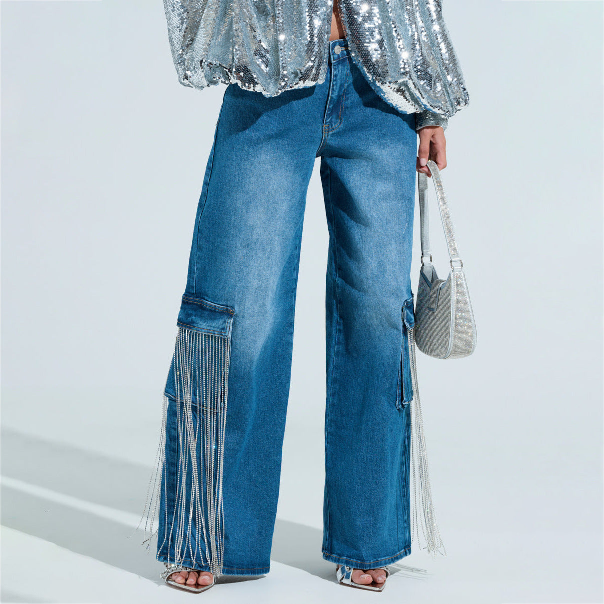 Damen Cargo-Jeans mit Glitzerfransen und tiefen Seitentaschen Stalluxe