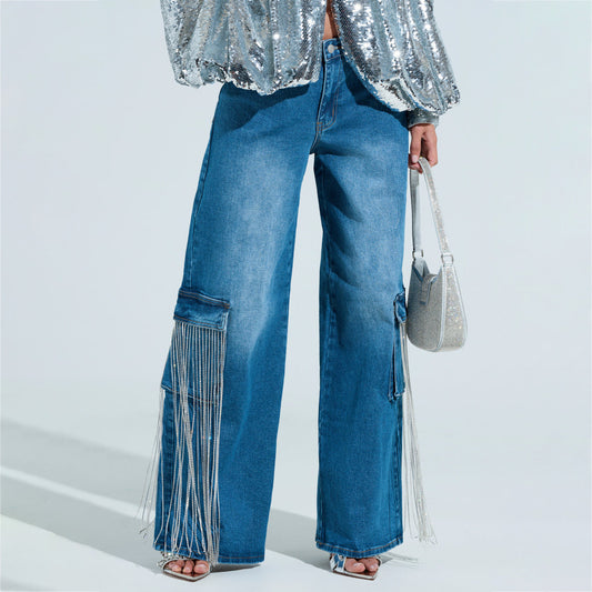 Damen Cargo-Jeans mit Glitzerfransen und tiefen Seitentaschen Stalluxe