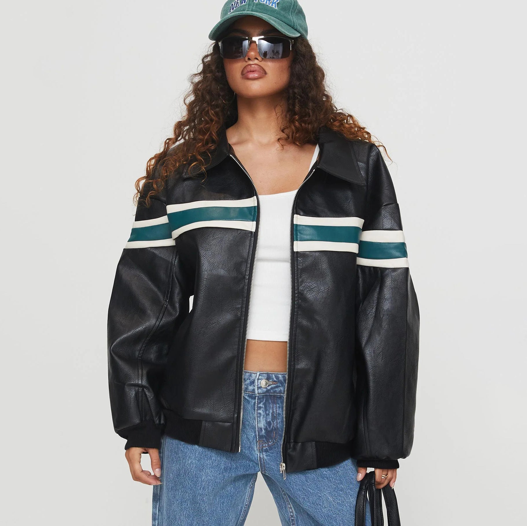 Damen modische Kunstlederjacke mit sportlichem Streifen-Design und lässigem Schnitt Stalluxe Schwarz