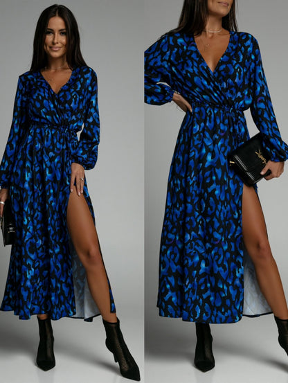 Damen Maxikleid mit tiefem Schlitz und Bindegürtel Stalluxe