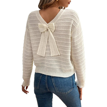 Damen Strickpullover mit V-Ausschnitt und dekorativem Schleifenelement Stalluxe