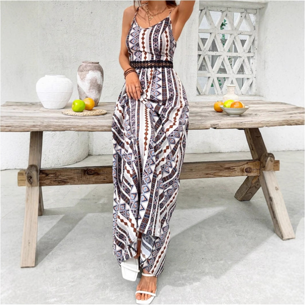 Damen Maxikleid mit bohemian Muster und raffiniertem elastischem Taillenband Stalluxe