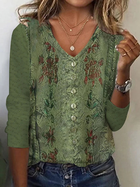 Damen V-Ausschnitt Bluse mit floralen Details und Knopfverschluss Stalluxe