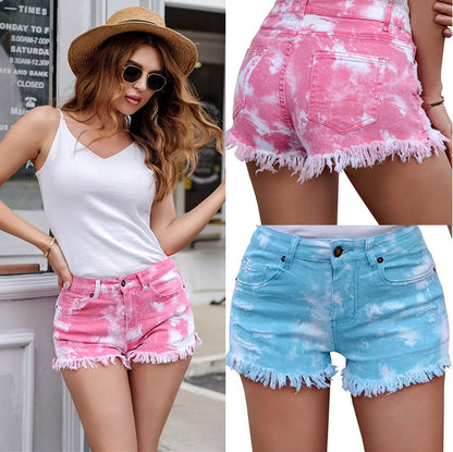 Damen lässige Denim-Shorts mit einzigartigem Batikmuster und fransigem Saum Stalluxe