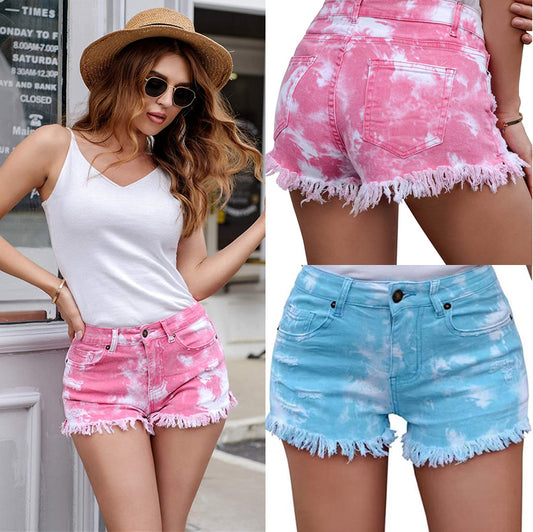 Damen lässige Denim-Shorts mit einzigartigem Batikmuster und fransigem Saum Stalluxe