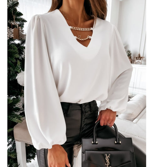 Damen Bluse mit voluminösen Ärmeln und V-Ausschnitt Stalluxe