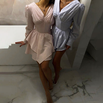 Damen verspieltes Wickelkleid mit voluminösen Ärmeln und asymmetrischem Saum Stalluxe