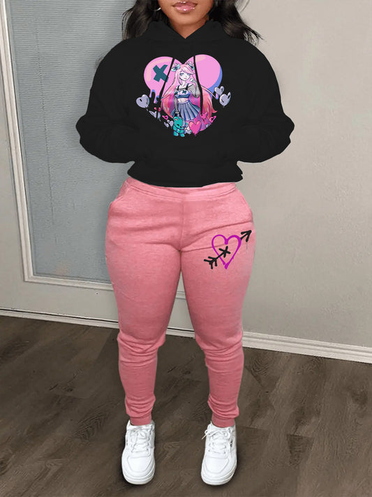 Damen Sportliches Hoodie- und Jogginghose-Set mit einzigartigem Grafikdesign Stalluxe