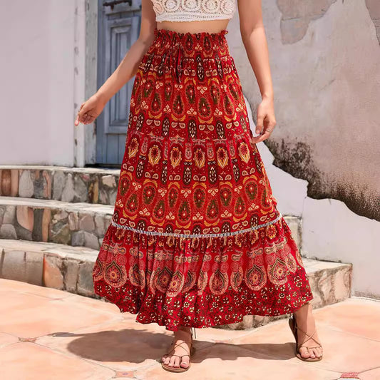 Damen Maxirock im bunten Paisley-Design mit Volant und elastischem Bund Stalluxe