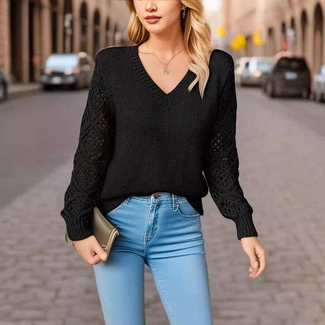 Damen Eleganter Strickpullover mit V-Ausschnitt und gehäkelten Ärmeln Stalluxe