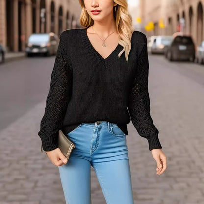 Damen Eleganter Strickpullover mit V-Ausschnitt und gehäkelten Ärmeln Stalluxe