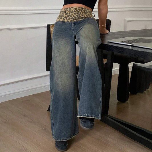 Damen Weit geschnittene Jeans mit Leopard-Hochbund Stalluxe