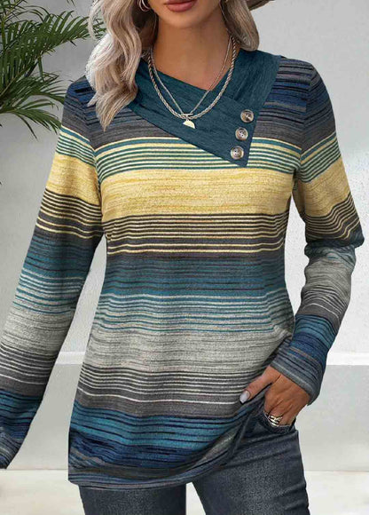 Damen elegantes Langarmshirt mit modernem Streifenmuster und Knopfdetails Stalluxe