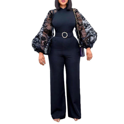 Damen Eleganter Jumpsuit mit transparenter Spitze und Gürtel Stalluxe