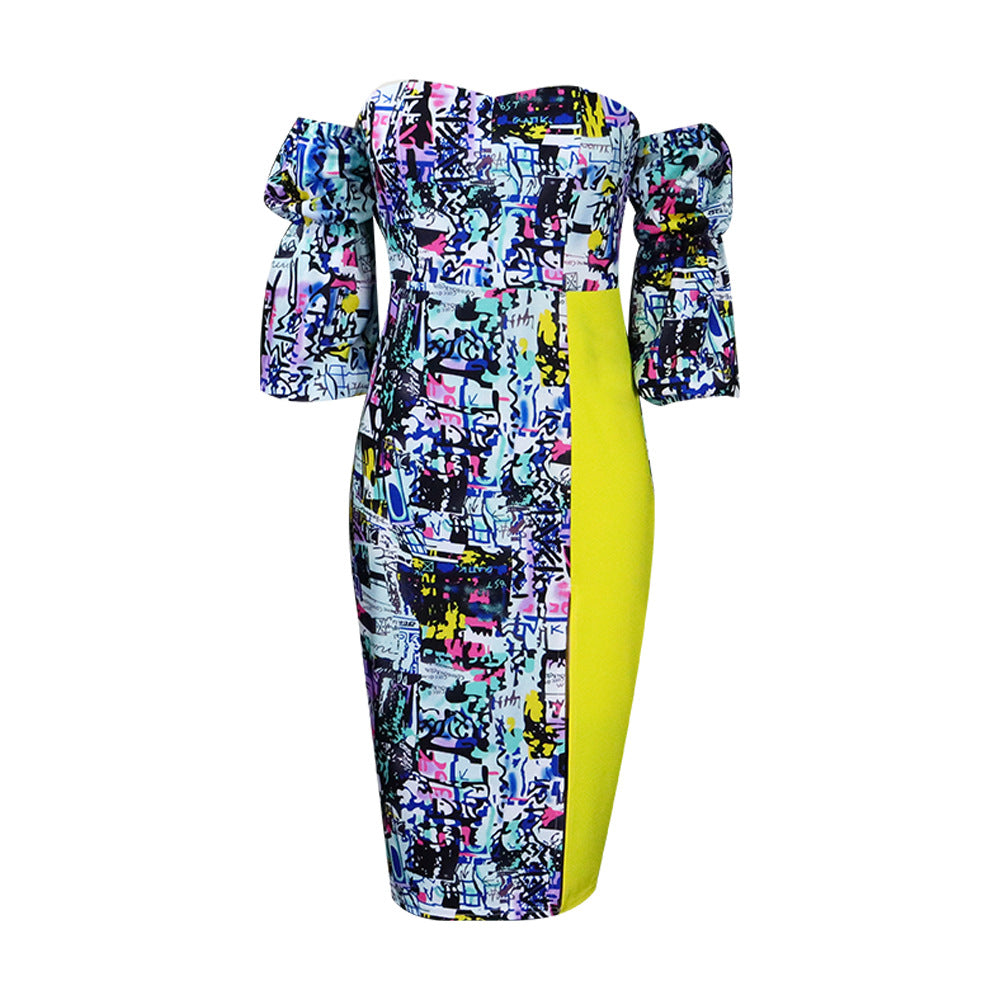 Damen modernes Cocktailkleid mit voluminösen Ärmeln und farbenfrohem Muster Stalluxe