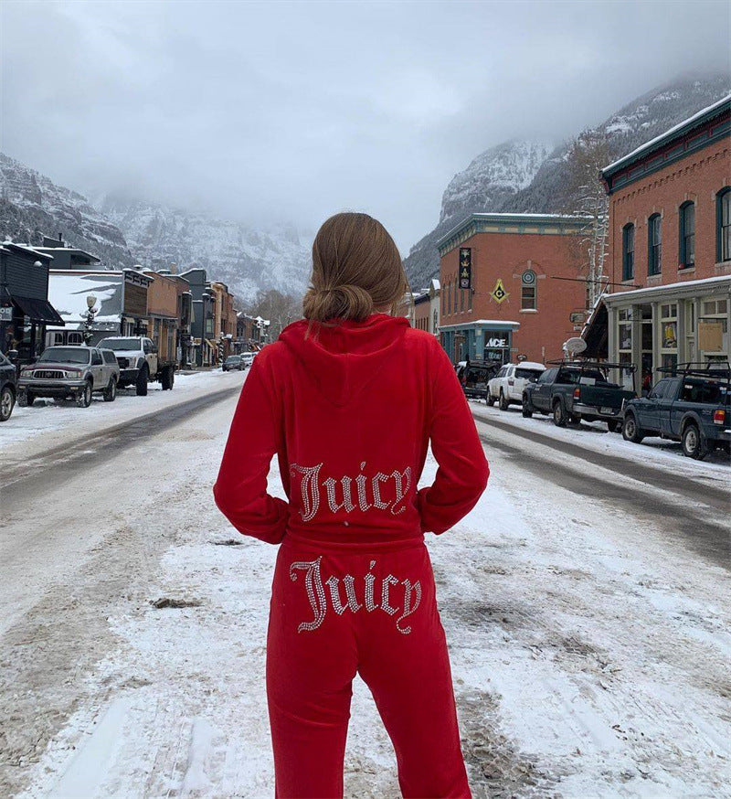 Damen luxuriöser Velours-Jogginganzug mit Glitzerakzenten und elastischem Bund Stalluxe