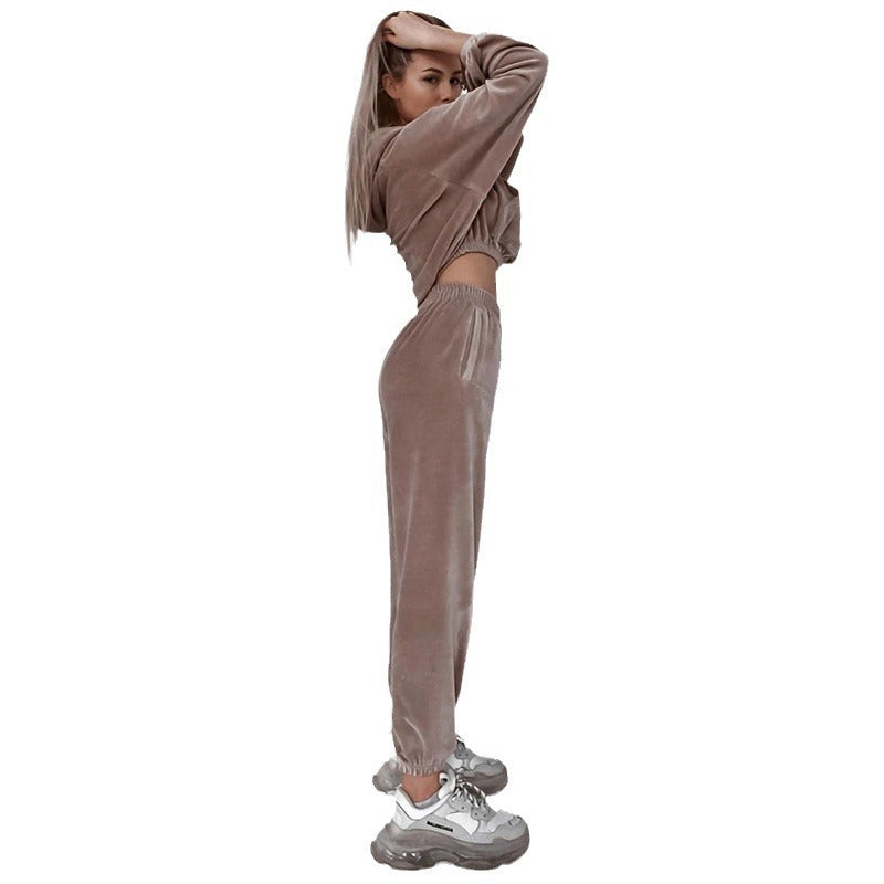 Damen lässiges Velours-Lounge-Set mit cropped Hoodie und bequemen Hosen Stalluxe