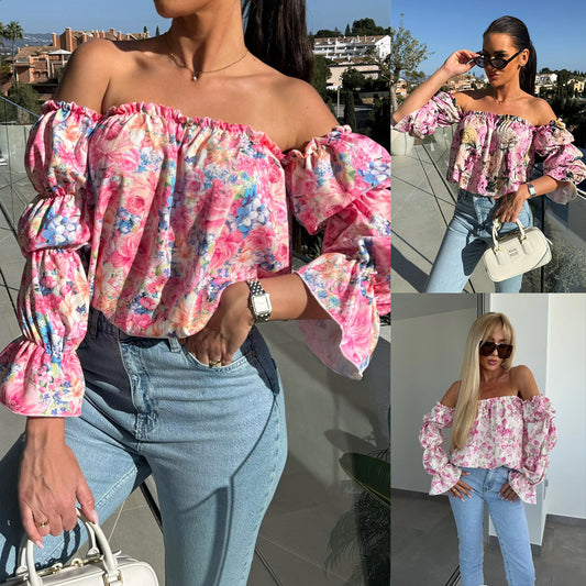 Damen Bluse mit schulterfreiem Schnitt und Volantärmeln Stalluxe