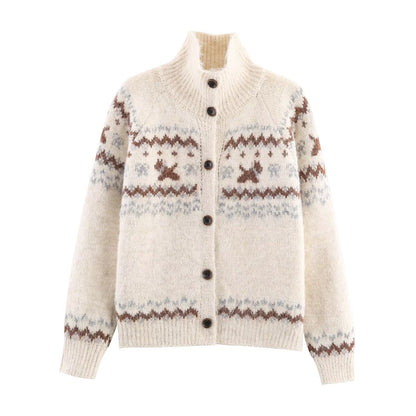 Damen Strickjacke mit Norwegermuster und hohem Kragen Stalluxe