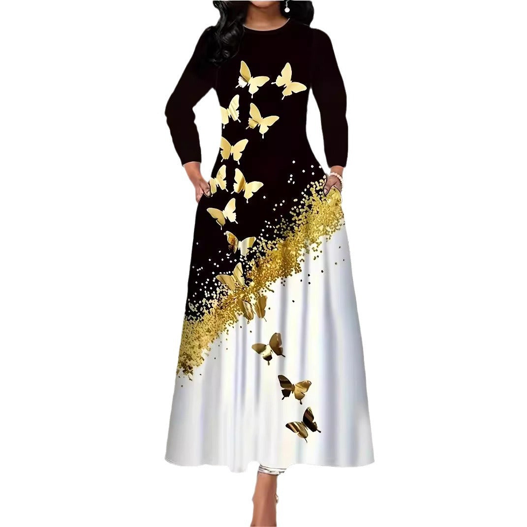 Damen Maxikleid mit elegantem Schmetterlingsmuster und funkelndem Goldakzent Stalluxe