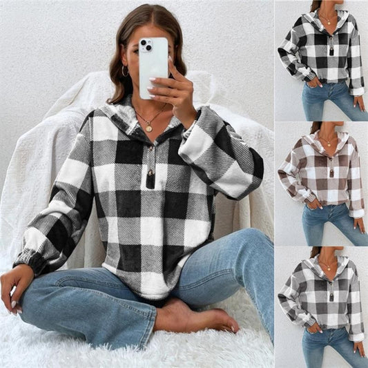 Damen Gemusterte Karo-Hoodie-Bluse Stalluxe