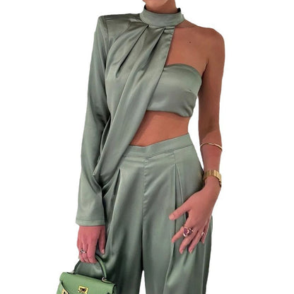 Damen Elegantes Set mit asymmetrischem Oberteil und weiten Hosen Stalluxe