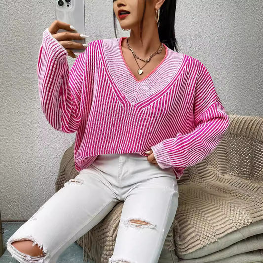 Damen Oversize-Strickpullover mit V-Ausschnitt und grafischem Streifenmuster Stalluxe