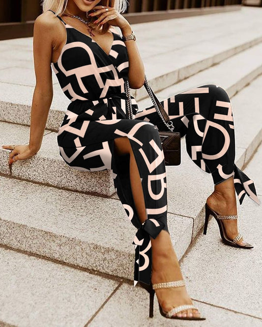 Damen Modischer Jumpsuit mit tiefem V-Ausschnitt und elegantem Druck Stalluxe