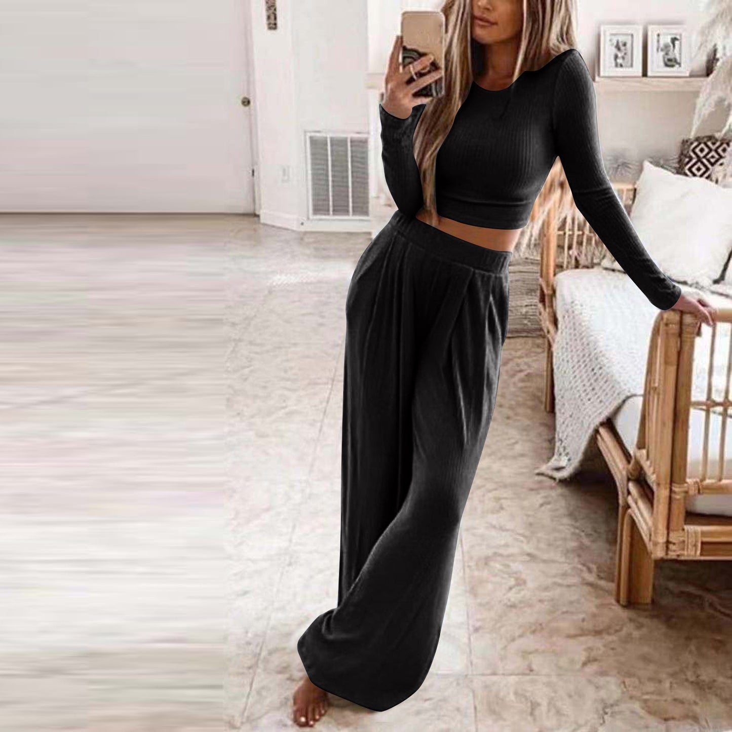 Damen Elegantes Lounge-Set mit langärmeligem Oberteil und weiten Hosen Stalluxe