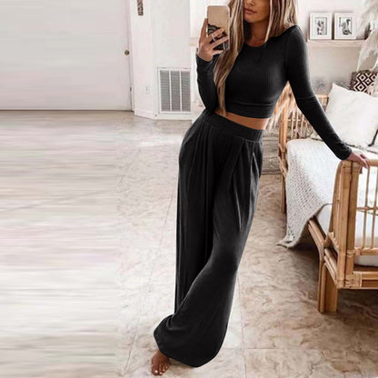Damen Elegantes Lounge-Set mit langärmeligem Oberteil und weiten Hosen Stalluxe