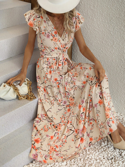Damen Maxikleid mit floralen Volantärmeln und Taillengürtel Stalluxe