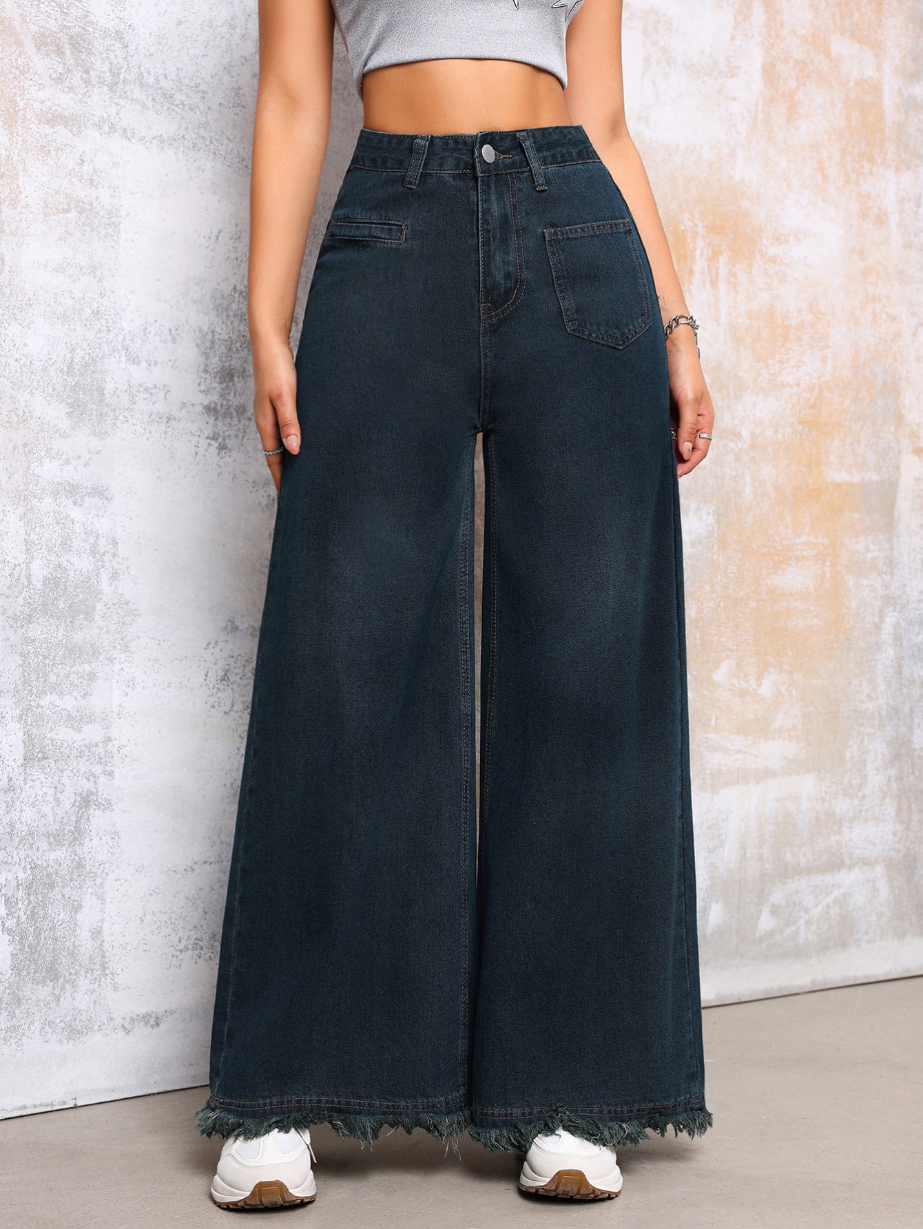 Damen Weite Denim-Hose mit Fransensaum und hohem Bund Stalluxe